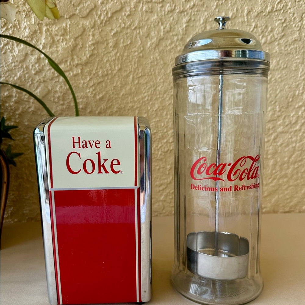 Coca-Cola Red and White Glass Dispenser with Napkin Holder